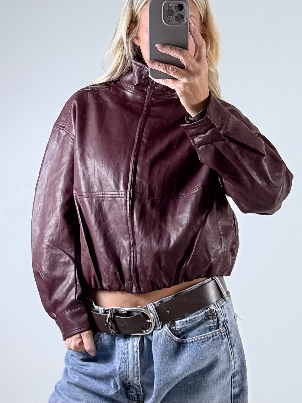 Max Studio Deep Burgundy Faux Leather Bomber Jacket